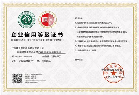 【喜訊】冶建公司連續(xù)12年獲評(píng)為建筑裝飾行業(yè)信用AAA企業(yè)